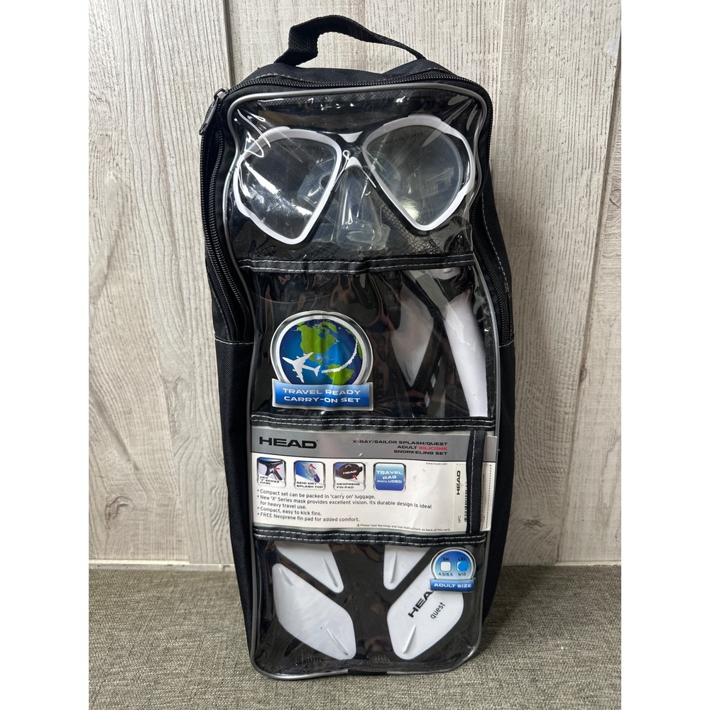HEAD Quest Adult Silicone Snorkeling Set Black White Mask Fins Snorkel Bag L/XL